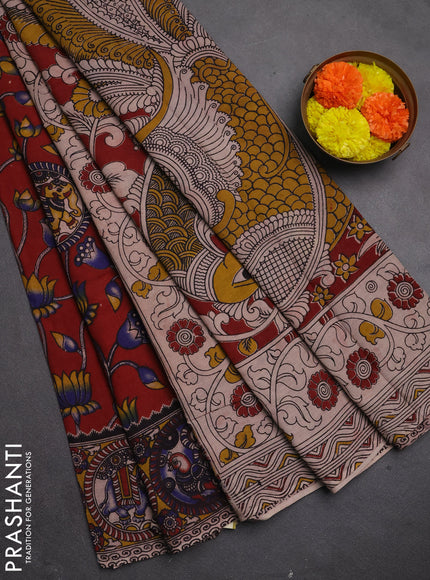 Kalamkari cotton saree maroon and blue with allover prints and printed border