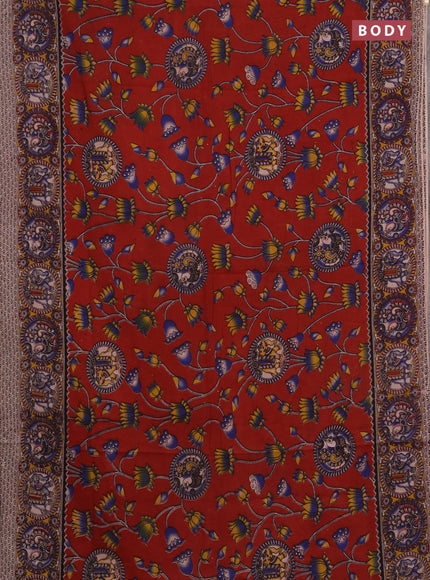 Kalamkari cotton saree maroon and blue with allover prints and printed border