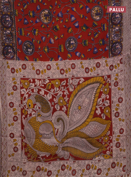 Kalamkari cotton saree maroon and blue with allover prints and printed border