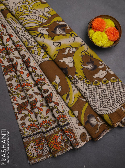 Kalamkari cotton saree beige and brown with allover prints and printed border