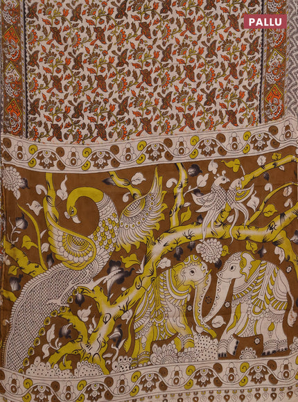 Kalamkari cotton saree beige and brown with allover prints and printed border