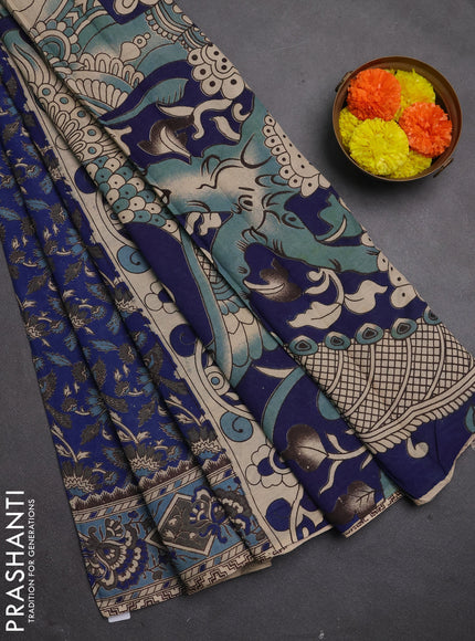 Kalamkari cotton saree blue and grey with allover prints and printed border