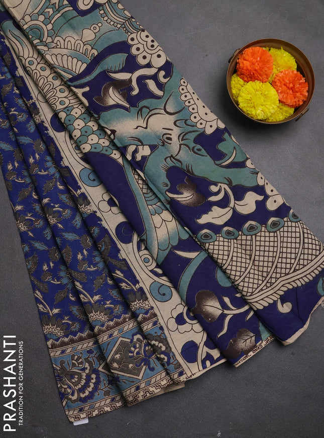 Kalamkari cotton saree blue and grey with allover prints and printed border