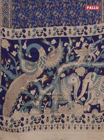 Kalamkari cotton saree blue and grey with allover prints and printed border