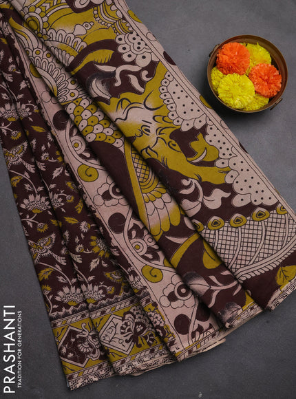 Kalamkari cotton saree coffee brown and mustard green with allover prints and printed border