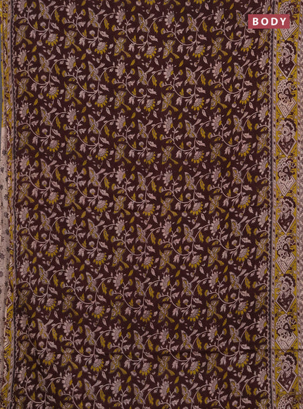 Kalamkari cotton saree coffee brown and mustard green with allover prints and printed border