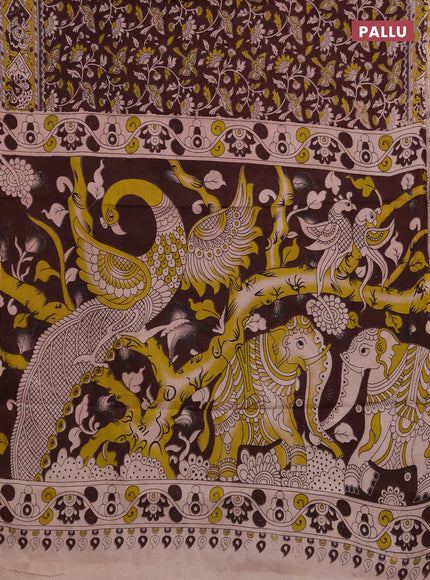 Kalamkari cotton saree coffee brown and mustard green with allover prints and printed border