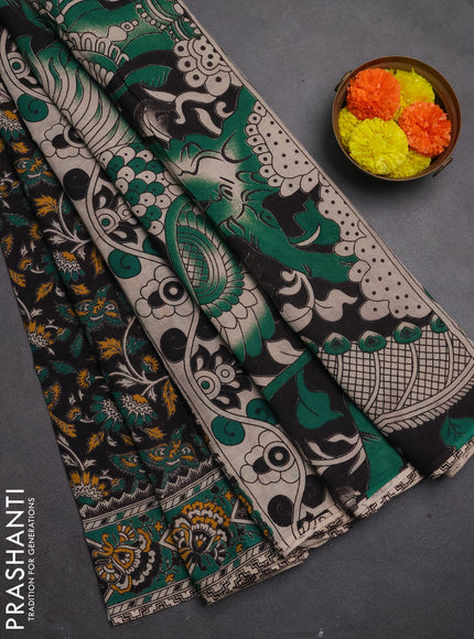 Kalamkari cotton saree black and teal green with allover prints and printed border