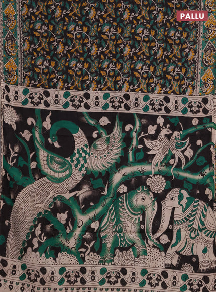 Kalamkari cotton saree black and teal green with allover prints and printed border