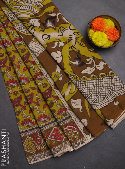 Kalamkari cotton saree light green and dark mustard with allover prints and printed border