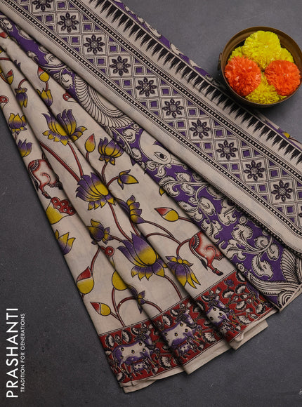 Kalamkari cotton saree beige and maroon with allover pichwai prints and pichwai printed border