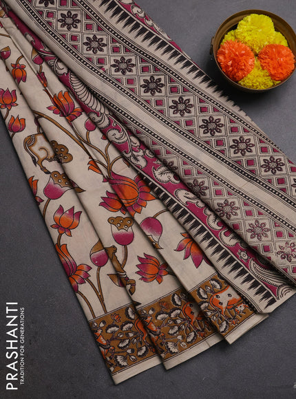 Kalamkari cotton saree beige and brown with allover pichwai prints and pichwai printed border