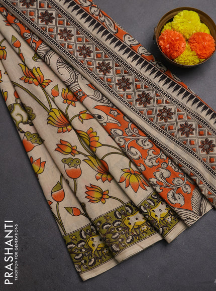 Kalamkari cotton saree beige and mehendi green with allover pichwai prints and pichwai printed border