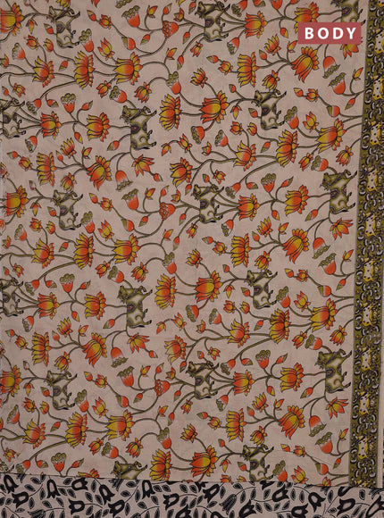 Kalamkari cotton saree beige and mehendi green with allover pichwai prints and pichwai printed border