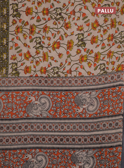 Kalamkari cotton saree beige and mehendi green with allover pichwai prints and pichwai printed border