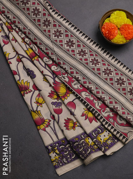 Kalamkari cotton saree beige and purple with allover pichwai prints and pichwai printed border