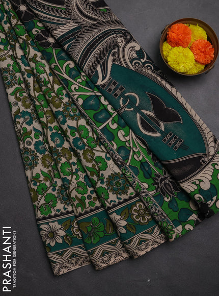 Kalamkari cotton saree light green and green with allover prints and printed border