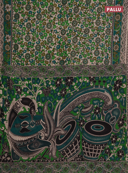 Kalamkari cotton saree light green and green with allover prints and printed border