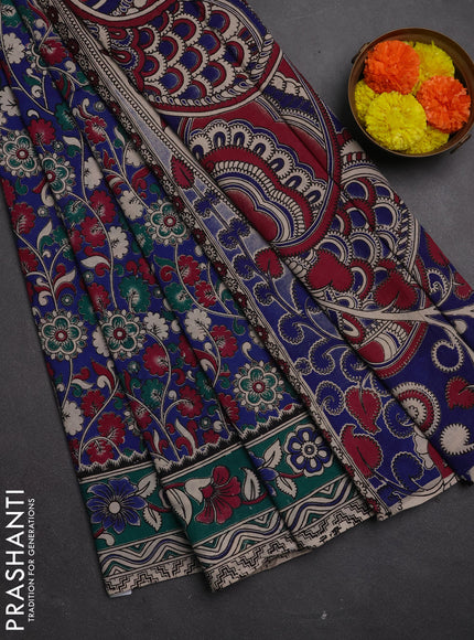 Kalamkari cotton saree blue and green with allover prints and printed border