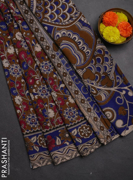 Kalamkari cotton saree dark mustard and blue with allover prints and printed border