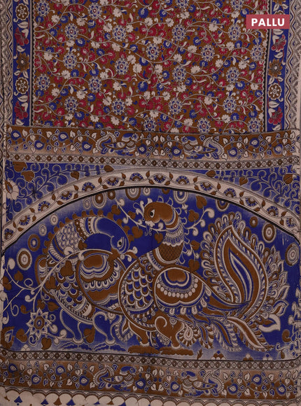 Kalamkari cotton saree dark mustard and blue with allover prints and printed border