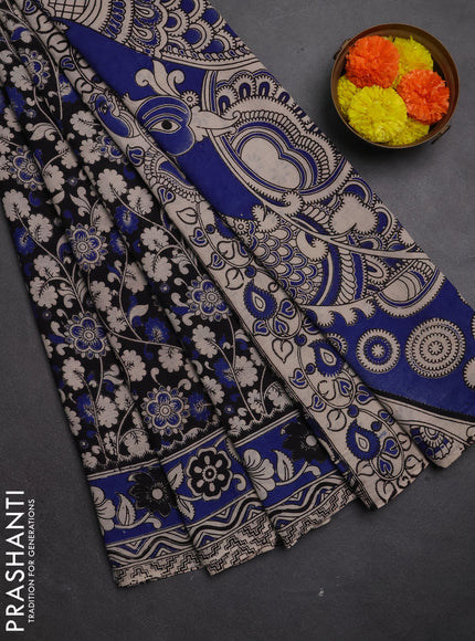 Kalamkari cotton saree black and blue with allover prints and printed border