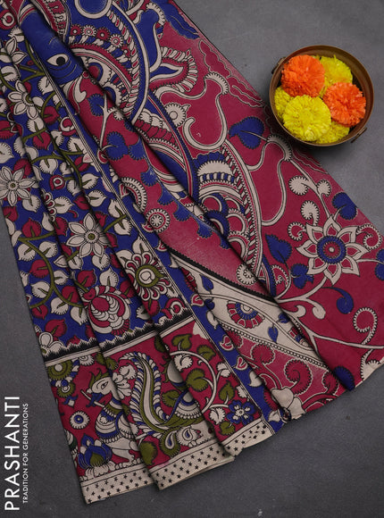 Kalamkari cotton saree blue and magenta pink with allover prints and printed border
