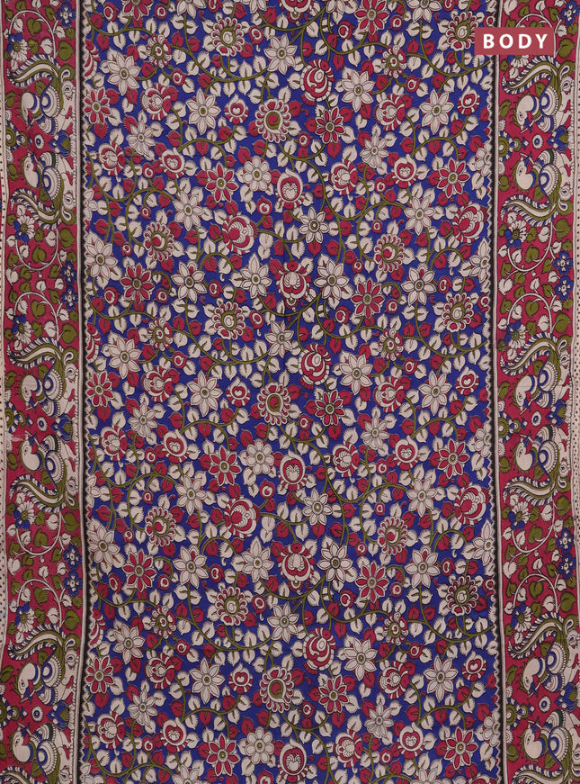 Kalamkari cotton saree blue and magenta pink with allover prints and printed border