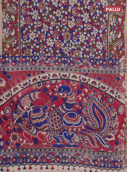 Kalamkari cotton saree blue and magenta pink with allover prints and printed border