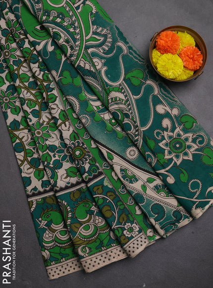 Kalamkari cotton saree beige and green with allover prints and printed border