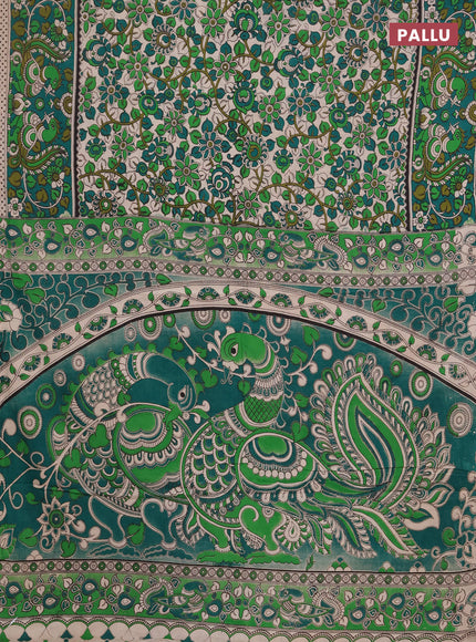 Kalamkari cotton saree beige and green with allover prints and printed border