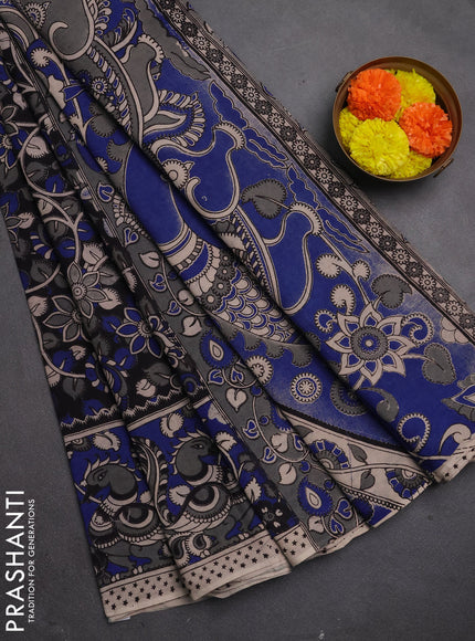 Kalamkari cotton saree blue and grey with allover prints and printed border
