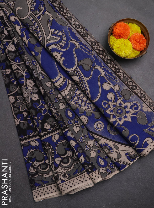 Kalamkari cotton saree blue and grey with allover prints and printed border