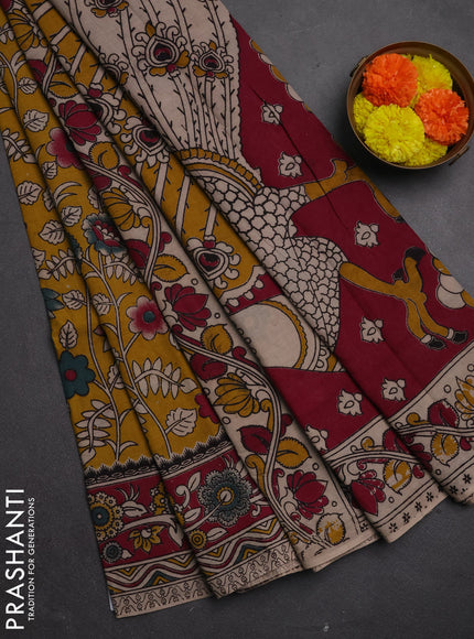 Kalamkari cotton saree yellow and magenta pink with allover prints and printed border