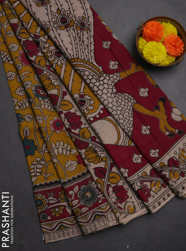 Kalamkari cotton saree yellow and magenta pink with allover prints and printed border