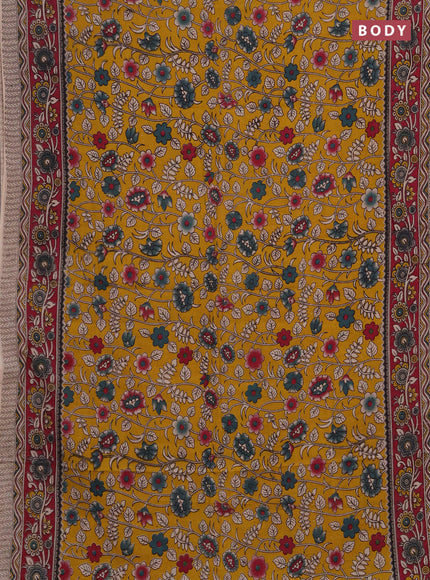 Kalamkari cotton saree yellow and magenta pink with allover prints and printed border