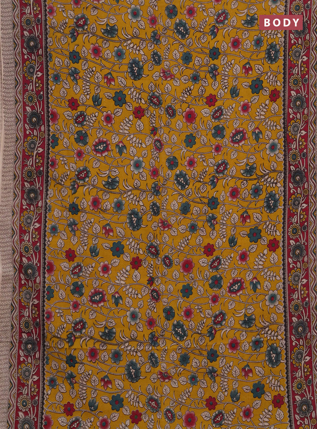 Kalamkari cotton saree yellow and magenta pink with allover prints and printed border