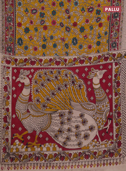 Kalamkari cotton saree yellow and magenta pink with allover prints and printed border