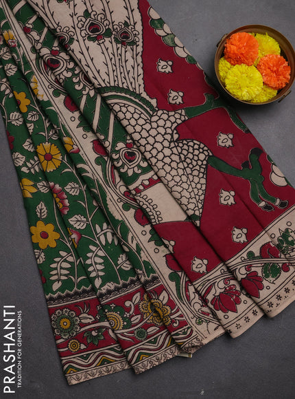 Kalamkari cotton saree green and magenta pink with allover prints and printed border