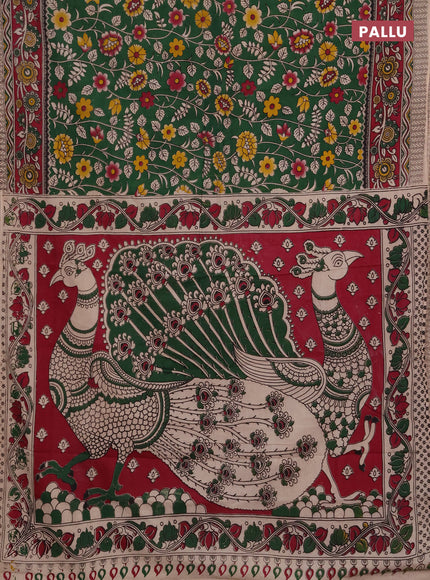 Kalamkari cotton saree green and magenta pink with allover prints and printed border