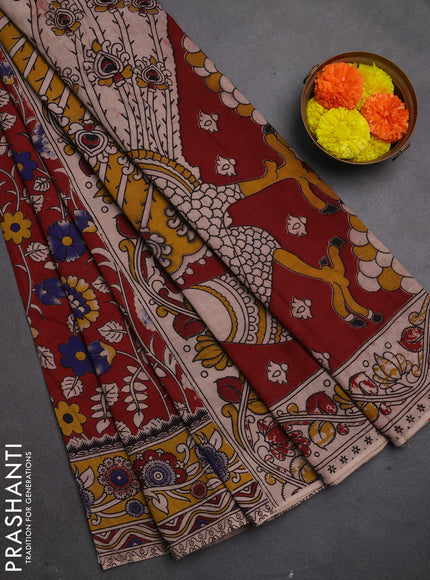Kalamkari cotton saree maroon and yellow with allover prints and printed border