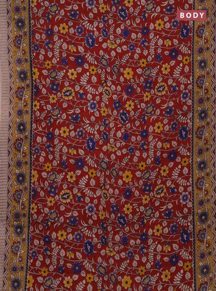 Kalamkari cotton saree maroon and yellow with allover prints and printed border