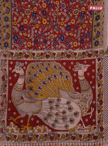 Kalamkari cotton saree maroon and yellow with allover prints and printed border