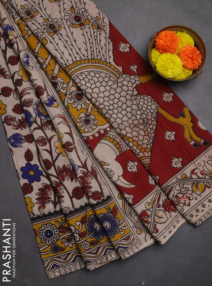 Kalamkari cotton saree beige and yellow with allover prints and printed border