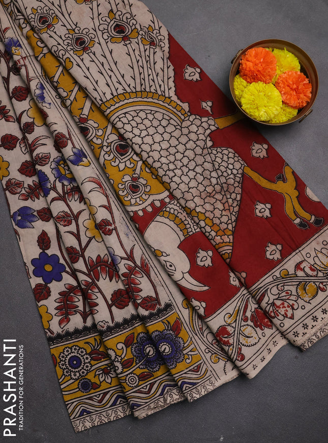 Kalamkari cotton saree beige and yellow with allover prints and printed border