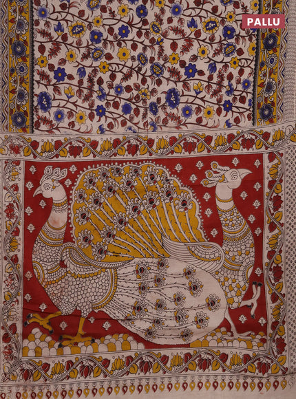 Kalamkari cotton saree beige and yellow with allover prints and printed border