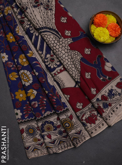 Kalamkari cotton saree peacock blue and magenta pink with allover prints and printed border