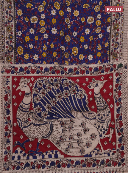 Kalamkari cotton saree peacock blue and magenta pink with allover prints and printed border