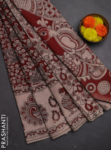 Kalamkari cotton saree maroon and beige with allover prints and long printed border