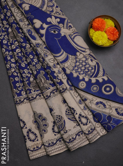 Kalamkari cotton saree teal blue and beige with allover prints and long printed border